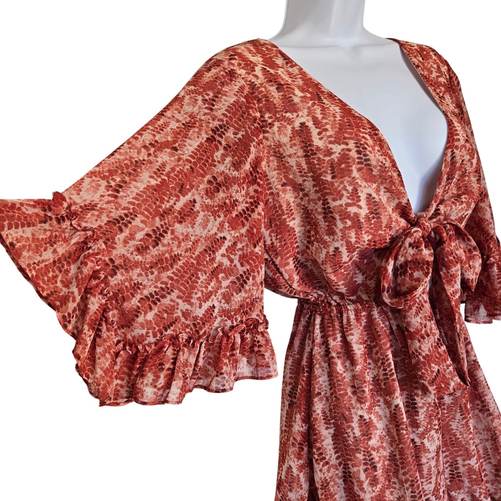 Saints + Secrets Rust Snake Print Ruffle Tie Front Romper Size XS Boho Festival - Picture 3 of 9